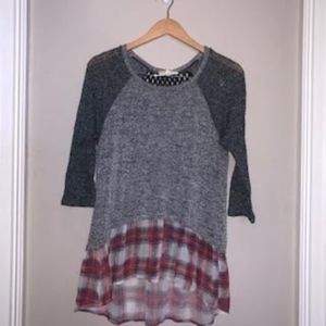 Knit Blouse with Plaid Peplum, 3/4 Sleeves